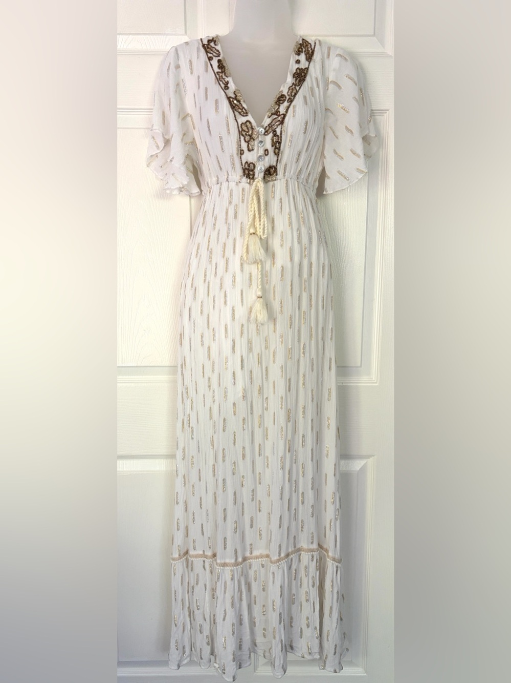 Zury Dress Gorgeous Boho 100% Viscose Maxi Dress Free Size Gold Silver White